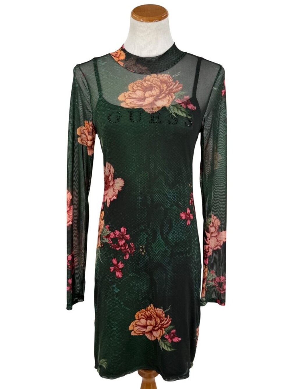 Guess Green Floral Mesh Rhinestone Bodycon Mini Dress | Sirencore Whimsigoth Y2K - Picture 2 of 16